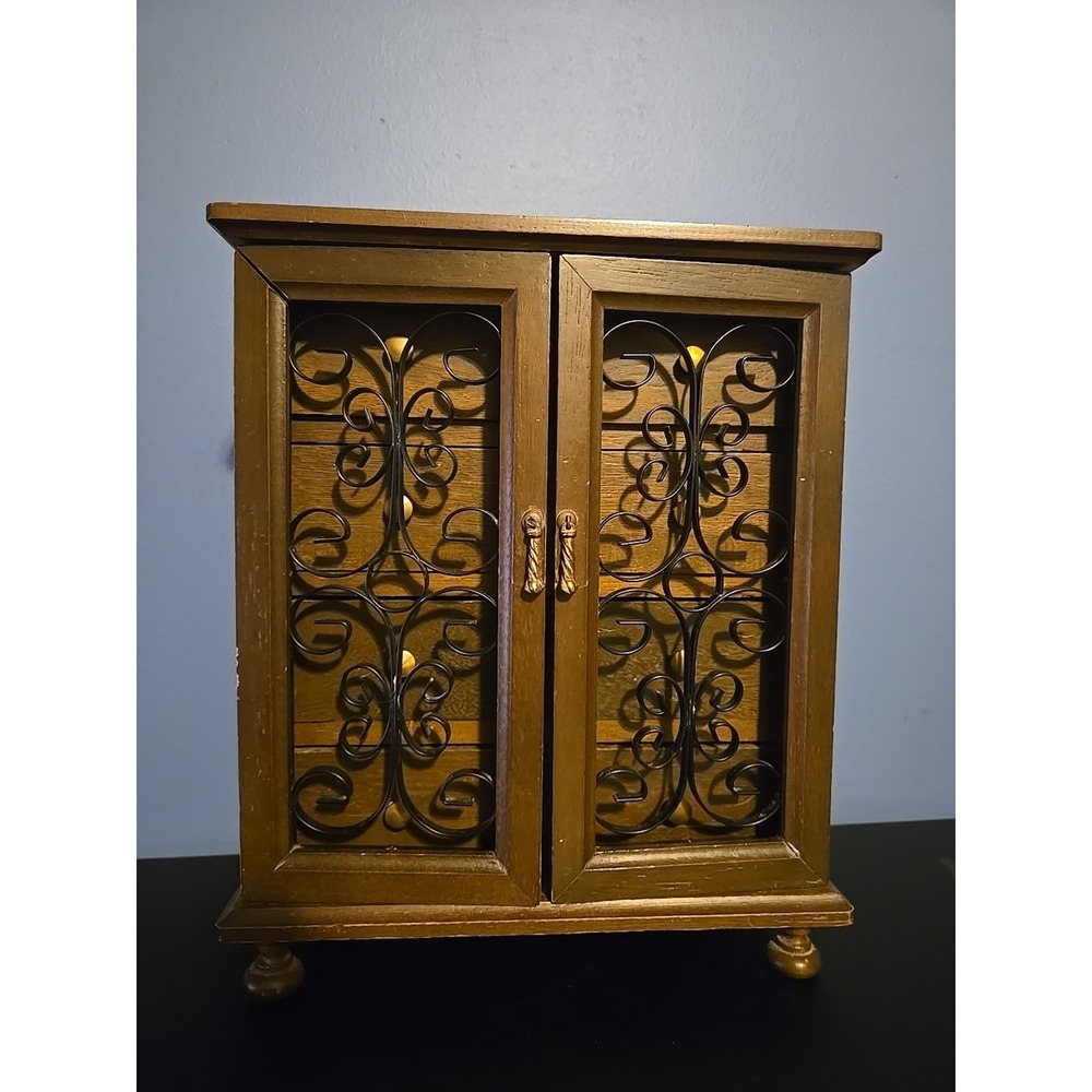 Vintage Double Door Four Drawer Musical Wood Jewelry Cabinet Japan Music Box